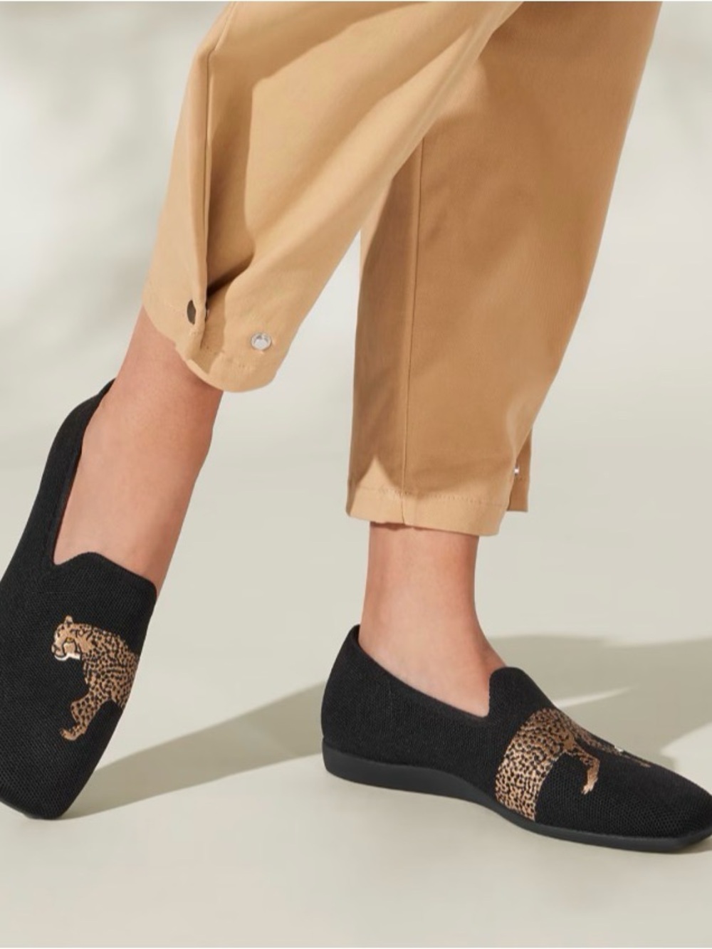 VIVAIA Samantha Square Black Knit Loafers w Leopard Embroidery Water Resistant - Picture 2 of 6